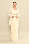 Kalighata_Ivory Silk Habutai Hand Embroidered Moonstone Jacket With Draped Skirt Set _Online_at_Aza_Fashions