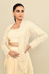 Buy_Kalighata_Ivory Silk Habutai Hand Embroidered Moonstone Jacket With Draped Skirt Set 