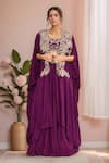 Buy_Kalighata_Purple Silk Habutai Hand Embroidered Cutdana Mughda Waist Skirt Set With Cape _at_Aza_Fashions