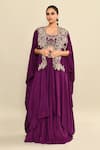 Shop_Kalighata_Purple Silk Habutai Hand Embroidered Cutdana Mughda Waist Skirt Set With Cape _Online_at_Aza_Fashions