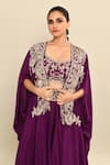 Shop_Kalighata_Purple Silk Habutai Hand Embroidered Cutdana Mughda Waist Skirt Set With Cape 