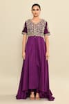 Kalighata_Purple Silk Habutai Hand Embroidered Nairobi Asymmetric Anarkali With Pant _Online_at_Aza_Fashions