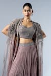 Rishi and Soujit_Purple Bustier And Skirt Georgette Hand Embroidery Bead Pleated Lehenga Set _Online_at_Aza_Fashions