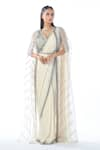 Buy_Rishi and Soujit_Ivory Blouse And Saree Geogette Hand Embroidery Chir Bead Pre-draped Set _at_Aza_Fashions