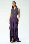 Buy_Rishi and Soujit_Purple Crepe Embroidered Cut Dana Sequin Floral Waistcoat With Draped Skirt _at_Aza_Fashions