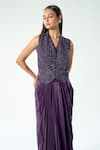 Rishi and Soujit_Purple Crepe Embroidered Cut Dana Sequin Floral Waistcoat With Draped Skirt _Online_at_Aza_Fashions