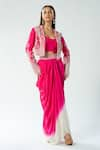 Buy_Rishi and Soujit_Pink Crepe Embroidered Sequin Jacket Tasselled Cropped Shaded Draped Skirt _at_Aza_Fashions