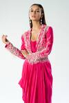 Rishi and Soujit_Pink Crepe Embroidered Sequin Jacket Tasselled Cropped Shaded Draped Skirt _Online_at_Aza_Fashions