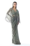 Buy_Rishi and Soujit_Green Pre-draped Saree Crepe Embroidered Cut Dana Cape Border Tasselled Set _at_Aza_Fashions