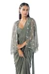 Buy_Rishi and Soujit_Green Pre-draped Saree Crepe Embroidered Cut Dana Cape Border Tasselled Set _Online_at_Aza_Fashions