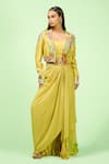 Buy_Rishi and Soujit_Green Jacket Bamberg Silk Embroidered Resham Jacket Lapel And Draped Skirt Set _at_Aza_Fashions