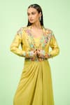 Rishi and Soujit_Green Jacket Bamberg Silk Embroidered Resham Jacket Lapel And Draped Skirt Set _Online_at_Aza_Fashions