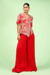 Buy_Rishi and Soujit_Red Top Bamberg Silk Embroidered Thread V Neck Jacket And Pant Set _at_Aza_Fashions