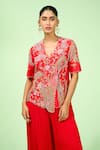 Buy_Rishi and Soujit_Red Top Bamberg Silk Embroidered Thread V Neck Jacket And Pant Set _Online_at_Aza_Fashions