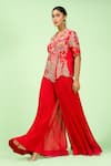 Shop_Rishi and Soujit_Red Top Bamberg Silk Embroidered Thread V Neck Jacket And Pant Set _Online_at_Aza_Fashions