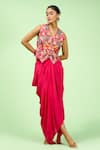 Buy_Rishi and Soujit_Pink Crepe Embroidered Thread V Neck Waistcoat And Draped Skirt Set _at_Aza_Fashions