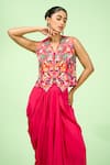 Buy_Rishi and Soujit_Pink Crepe Embroidered Thread V Neck Waistcoat And Draped Skirt Set _Online_at_Aza_Fashions