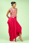 Shop_Rishi and Soujit_Pink Crepe Embroidered Thread V Neck Waistcoat And Draped Skirt Set _Online_at_Aza_Fashions