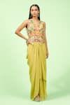 Buy_Rishi and Soujit_Green Crepe Embroidered Thread V Neck Waistcoat And Draped Skirt Set _at_Aza_Fashions