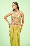 Rishi and Soujit_Green Crepe Embroidered Thread V Neck Waistcoat And Draped Skirt Set _Online_at_Aza_Fashions