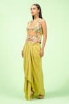 Buy_Rishi and Soujit_Green Crepe Embroidered Thread V Neck Waistcoat And Draped Skirt Set _Online_at_Aza_Fashions