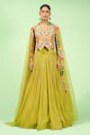 Buy_Rishi and Soujit_Green Waistcoat Organza Embroidered Thread V Neck And Pleated Lehenga Set _at_Aza_Fashions