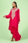 Buy_Rishi and Soujit_Pink Crepe Embroidered Thread Collared Paisley Kaftan And Draped Skirt Set _at_Aza_Fashions