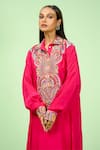 Rishi and Soujit_Pink Crepe Embroidered Thread Collared Paisley Kaftan And Draped Skirt Set _Online_at_Aza_Fashions