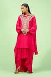 Buy_Rishi and Soujit_Pink Crepe Embroidered Thread Collared Paisley Kaftan And Draped Skirt Set _Online_at_Aza_Fashions