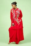 Buy_Rishi and Soujit_Red Crepe Embroidered Thread Mandarin Collar Paisley Kaftan And Draped Skirt Set _at_Aza_Fashions