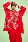 Rishi and Soujit_Red Crepe Embroidered Thread Mandarin Collar Paisley Kaftan And Draped Skirt Set _Online_at_Aza_Fashions