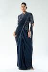 Buy_Rishi and Soujit_Blue Blouse Organza And Crepe Embroidered Cutdana High Pre-draped Saree With _at_Aza_Fashions