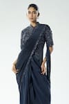 Buy_Rishi and Soujit_Blue Blouse Organza And Crepe Embroidered Cutdana High Pre-draped Saree With _Online_at_Aza_Fashions