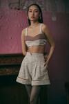 Buy_Sunandini_Orange Tweed Color Block Sweetheart Apricot Bralette And Shorts _at_Aza_Fashions