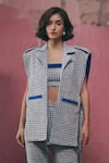 Shop_Sunandini_Blue Tweed Woven Lapel Collar Kiana Vest Jacket 