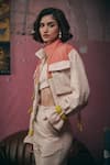 Shop_Sunandini_Pink Tweed Color Block Jacket Lapel Collar Matilda Bomber Trouser Set _Online_at_Aza_Fashions