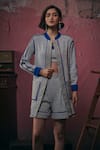 Buy_Sunandini_Blue Tweed Woven Jacket Mandarin Collar Zima Shorts Set _at_Aza_Fashions