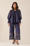 Sunandini_Blue 100% Cotton Collared Amora Cutwork Top And Trouser Co-rd Set _Online_at_Aza_Fashions