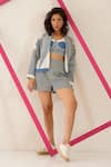 Buy_Sunandini_Blue Cutwork Denim Jacket Band Collar Aspen Shorts Set _at_Aza_Fashions