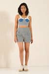 Sunandini_Blue Cutwork Denim Jacket Band Collar Aspen Shorts Set _Online_at_Aza_Fashions