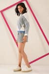 Sunandini_Blue Cutwork Denim Band Collar Aspen Jacket And Shorts Set _Online_at_Aza_Fashions