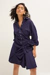 Buy_Sunandini_Blue 100% Cotton Pointed Collar Karys Gathered Shirt Dress _Online_at_Aza_Fashions