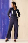 Sunandini_Blue 100% Cotton Pointed Collar Lev Patch Pocket Jumpsuit _Online_at_Aza_Fashions