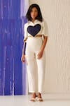 Sunandini_White 100% Cotton Collared Mila Heart Patch Crop Top And Pant Co-ord Set _Online_at_Aza_Fashions