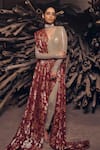 Buy_Garima Karwariya Designs_Gold Jumpsuit Net Hand Embroidered Banarasi Plunge Venus Sequin With Drape _at_Aza_Fashions