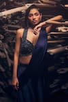 Buy_Garima Karwariya Designs_Blue Blouse Net Hand Embroidered Cutdana Halter Neck Zeno Pre-draped Saree With _Online_at_Aza_Fashions