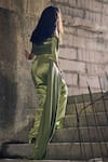 Shop_Garima Karwariya Designs_Green Blouse Net Hand Embroidered Stone Remy Front Slit Pre-draped Saree With _at_Aza_Fashions