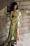 Garima Karwariya Designs_Green Blouse Net Hand Embroidered Stone Remy Front Slit Pre-draped Saree With _Online_at_Aza_Fashions