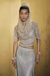 Garima Karwariya Designs_Silver Blouse Net Hand Embroidered Swarovski Blouse Tara Skirt Set With Cape _Online_at_Aza_Fashions