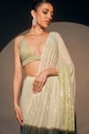 Shop_Itrh_Green Net Embellished Crystal Plunging V Cascade Pre-draped Saree With Blouse _at_Aza_Fashions